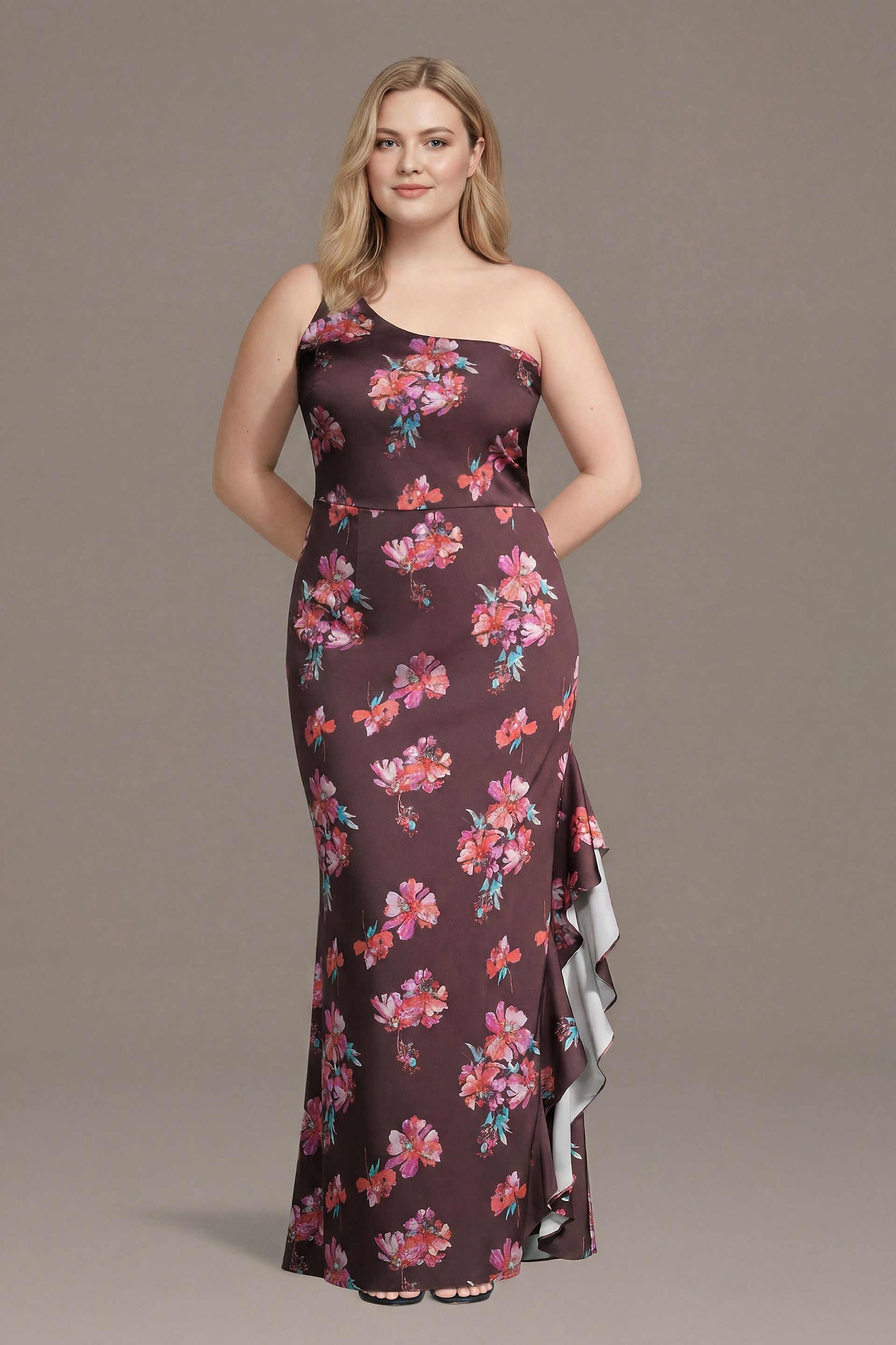 Picture of Floral Matte Satin One-Shoulder Sheath with Ruffle